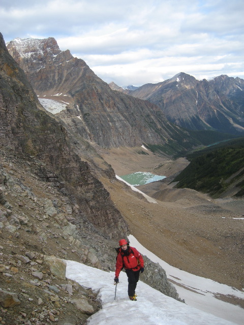 Geoff casually posing on a 50 degree slope in crampons